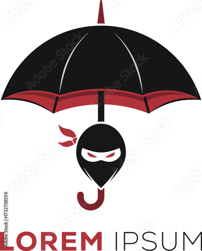 Creative Ninja Umbrella Logo Design with Black Mask and Red Accents