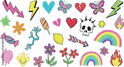 Vector art of vibrant and playful collection of handdrawn doodles and symbols