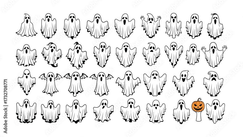 Obraz premium Halloween Ghosts: A collection of charming ghosts in various poses, ready for Halloween. Each ghost embodies a playful spirit, set against an open space.