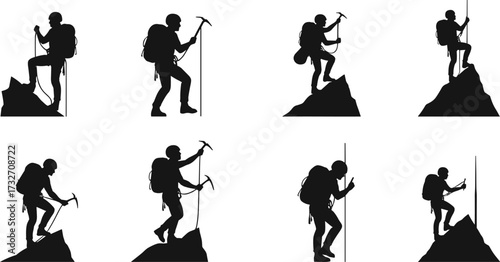 Set of Mountain Climber and Hiker Silhouettes, Vector Illustrations of Men with Backpacks and Ice Axes for Outdoor and Extreme Sports