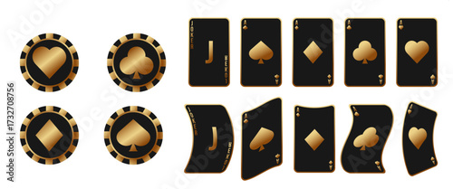A set of playing cards in straight and curved format with casino chips on a white background. Design elements
