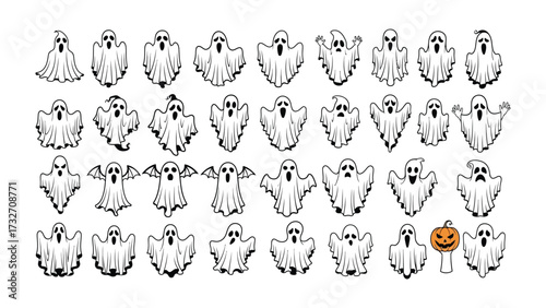 Halloween Ghosts: A collection of charming ghosts in various poses, ready for Halloween. Each ghost embodies a playful spirit, set against an open space.