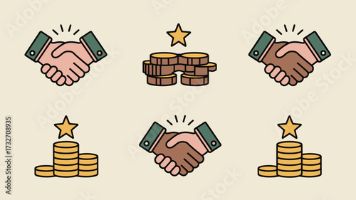 Illustration showing handshakes and stacks of coins with stars on top on a cream background