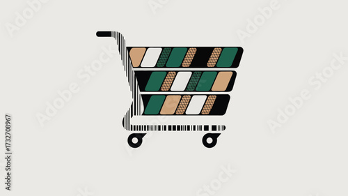 A stylized shopping cart with barcode lines and patterned compartments on a light background design element