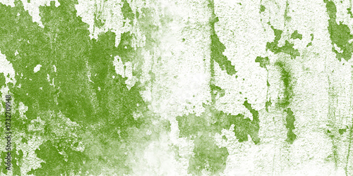 Vibrant green and white distressed grunge texture with peeling paint effect and rough organic surface patterns