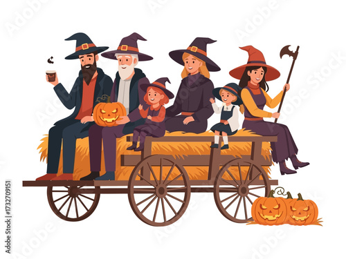 Halloween Wagon Ride: A festive group of witches, both young and old, enjoy a vibrant ride on a hay wagon, adorned with carved pumpkins and whimsical decorations.