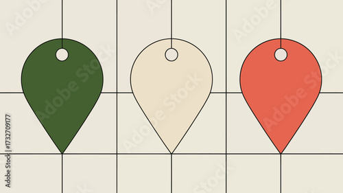 Three teardrop shaped tags in green beige and red hanging on a grid background simple illustration