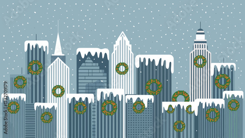 City skyline decorated with christmas wreaths and snow on buildings in a winter scene illustration