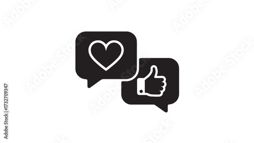 Heart and thumbs up icons in speech bubbles simple black glyph vector for social media isolated on white background