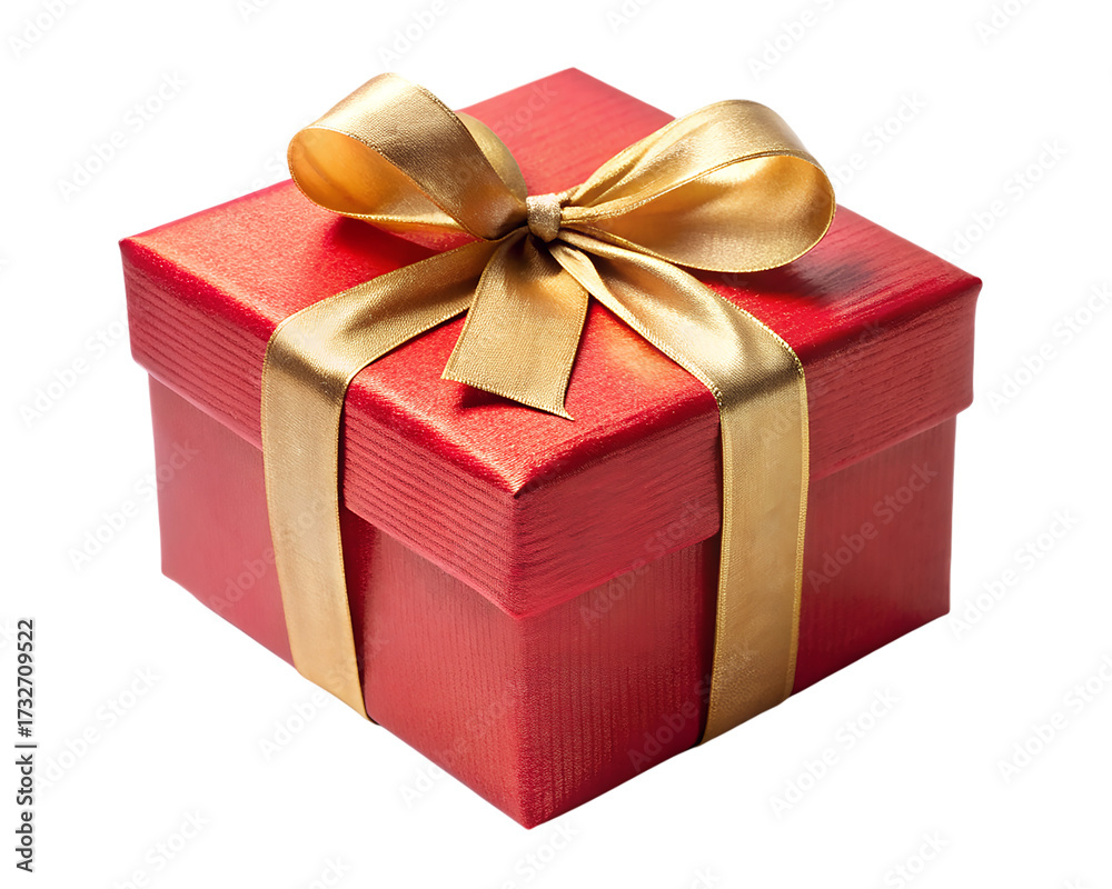 Fototapeta premium Gift box wrapped in red paper with golden ribbon for any celebration isolated on transparent background