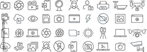 Photography and media icon set, black and white grid of cameras, drones, screens, and digital tools, cad drawing flat vector illustration
