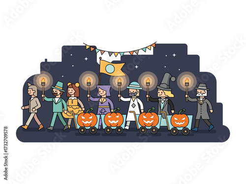 Whimsical Halloween Parade: A charming illustration capturing the spirit of Halloween with a playful parade of costumed figures.