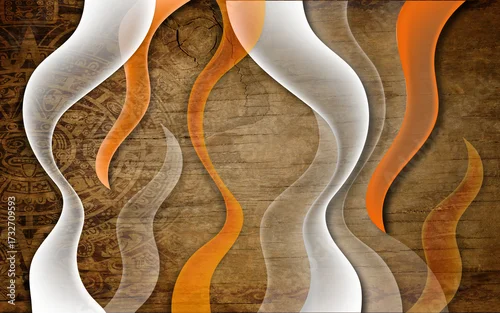 Fototapeta Modern mural with golden and white wavy 3D abstract shapes.