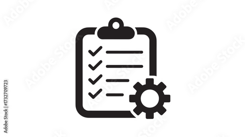 Clipboard with checklist and gear icon flat vector illustration for process management isolated on white background