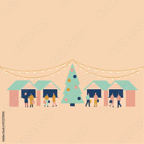 Flat geometric vector illustration of a minimalist outdoor Christmas market