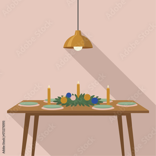 Clean modern flat vector scene of a cozy Christmas dinner table: rectangular oak dining table set with abstract geometric plates and golden candles