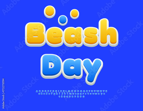 Vector Joyful flyer Beach Day. Cute Blue Font. Modern Round Alphabet Letters and Numbers set.
