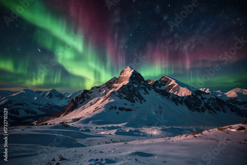 Stunning aurora borealis over snow-covered mountains at night