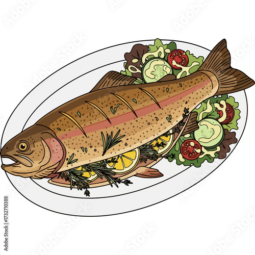 Illustration of a healthy and delicious baked trout dish with a side salad. This artwork represents a nutritious pescatarian main course, ideal for culinary blogs and health magazines.