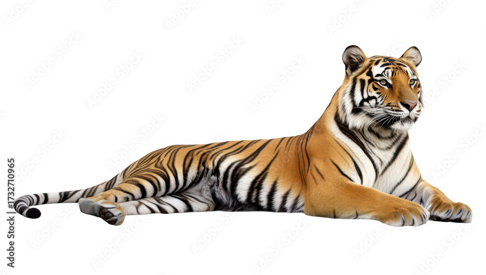 Obraz premium A majestic tiger lounging gracefully on a white background. its orange and black stripes. symbolizing strength and beauty in wildlife imagery