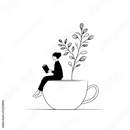 Woman reading a book while sitting on a large coffee cup with a plant growing out of it in black and white