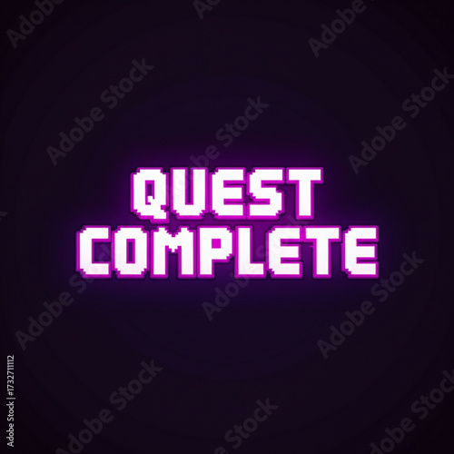 Pixelated quest complete notification glowing neon purple