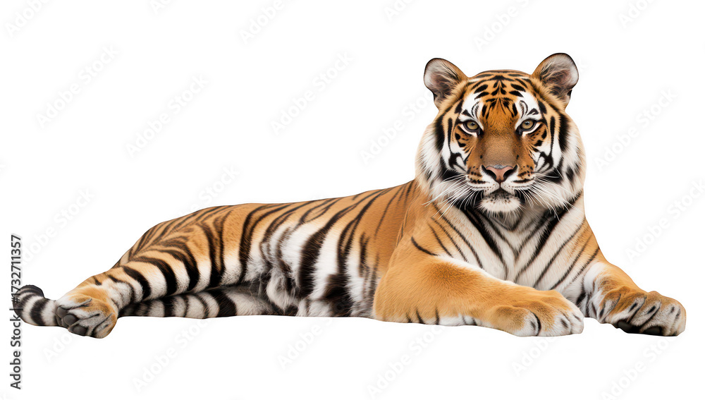 Obraz premium A majestic tiger lying gracefully against a plain background. its orange and black stripes. with a calm expression. ideal for wildlife-themed projects