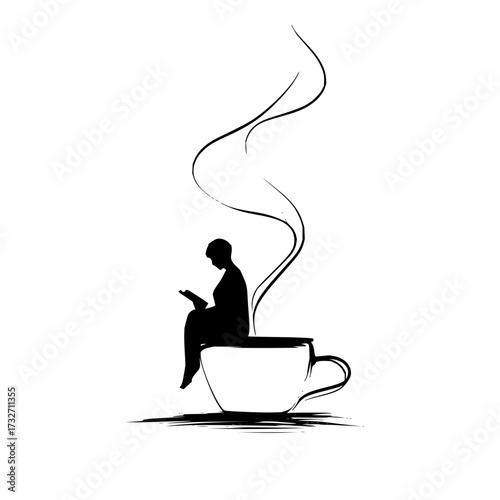 Silhouette of a person reading a book while sitting on a steaming coffee cup in black and white illustration