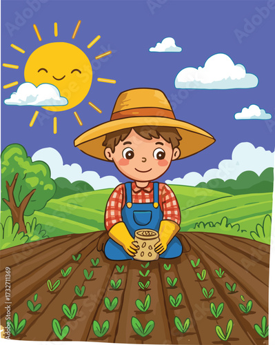 Cartoon farmer, planting seeds, sunny field, agriculture child, nature scene, rural life, gardening, growth, environment, healthy lifestyle