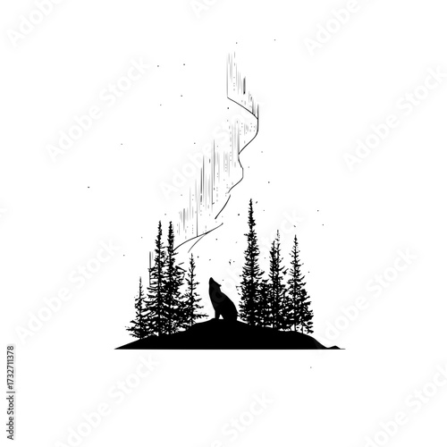 Silhouette of a wolf howling under the aurora borealis surrounded by pine trees in a monochrome illustration