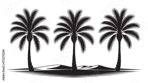 Palm tree silhouettes in a desert landscape vector illustration for travel and tourism designs isolated on white background