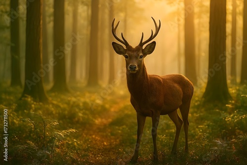 Deer standing in forest with morning sunlight