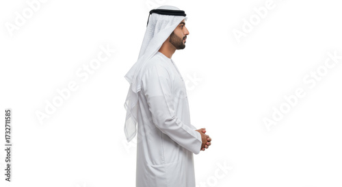 Elegant Emirati man in traditional dress isolated on transparent PNG, representing Arabian culture and heritage