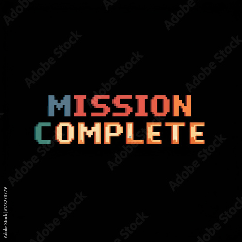 Victory achieved pixel art mission complete text