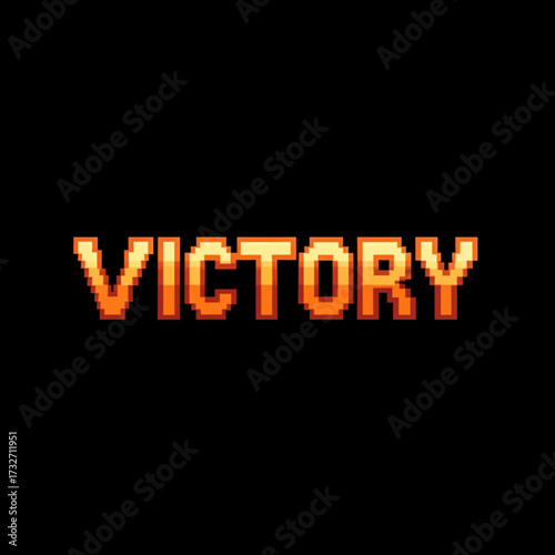 Pixelated VICTORY text glows with triumph and achievement