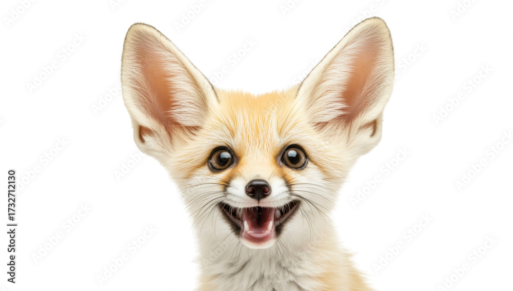 Obraz premium A close-up portrait of a playful fennec fox with large ears and a joyful expression. set against a plain white background. ideal for wildlife enthusiasts or educational materials