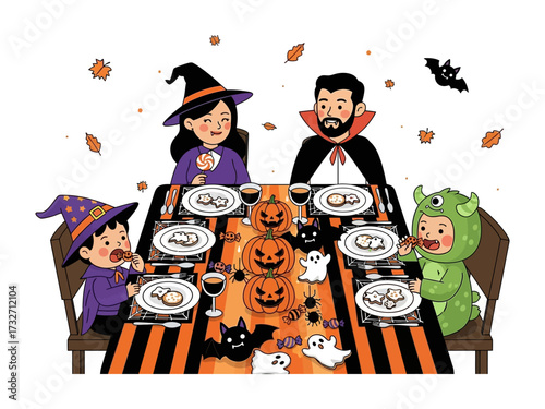 Halloween Feast: A delightful family dressed in festive costumes gathers around a creatively decorated table, savoring a special Halloween dinner together, symbolizing joy, traditions.