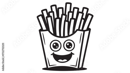 Cartoon french fries character with happy face vector illustration in black and white isolated on white background
