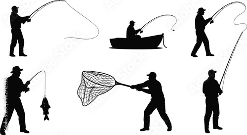 Silhouettes of diverse male fishermen in various poses, from casting a line and fishing from a boat to catching a fish, illustrating the outdoor hobby