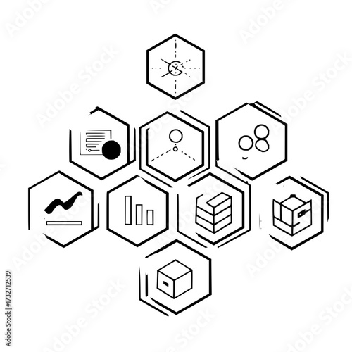 Hexagonal arrangement of various data representation icons in a black and white graphic design style image