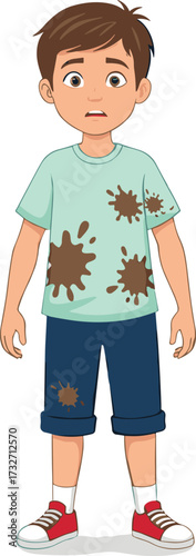 Cartoon boy with dirty clothes, stained shirt, messy appearance, child hygiene, laundry concept, cleaning illustration, childhood accident, careless kid drawing