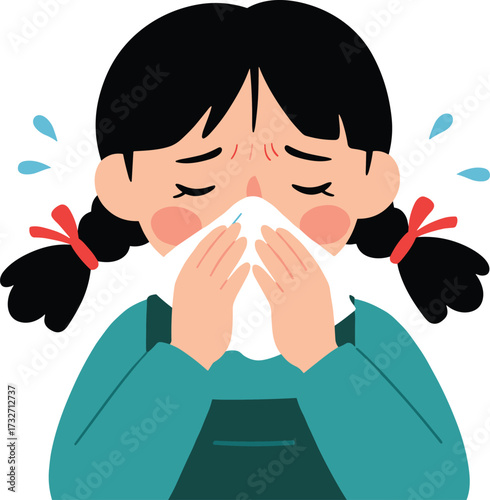 Cartoon girl sneezing into tissue, sick child with cold, flu, allergy, illness, healthcare, medical illustration, seasonal virus, runny nose