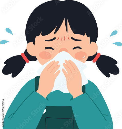 Cartoon sick girl blowing nose with tissue, child sneezing, allergy, flu, cold, illness, healthcare, seasonal sickness, runny nose, medical illustration