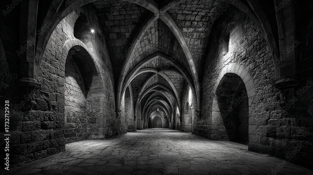 Obraz premium Textured Monochrome Brick Archway Composition in Vaulted Corridor – Immersive Visual for Inclusive Architecture and Digital Wellness Branding