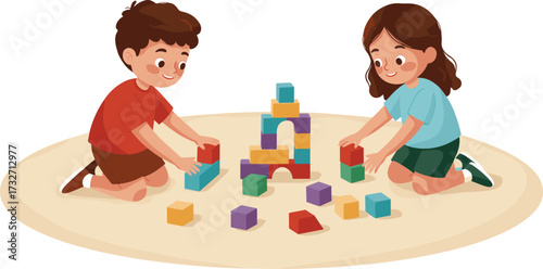 Happy children playing together with colorful building blocks, teamwork, fun learning, early childhood education, creativity, construction game, indoor activity, kids illustration