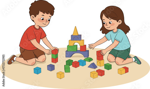 Happy children playing with colorful building blocks, teamwork, fun learning activity, early childhood education, kids creativity, construction game, indoor play illustration