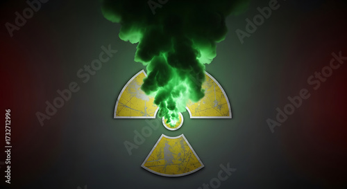 A distressed grunge - style hazard symbol with vibrant green smoke emerging conveying themes of pollution and environmental danger