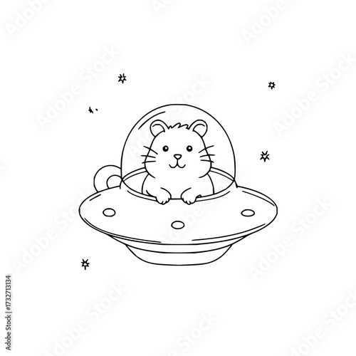 A cute hamster piloting a flying saucer through space with stars in a black and white line drawing