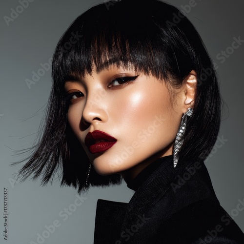 a fierce and sculpted Chinese woman with medium-length dark brown straight hair and sheer bangs, ultra-contoured face with defined cheekbones and sharp jawline, lifted fox eyes with deep smokey eyelin
