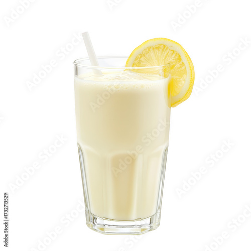 A refreshing glass of creamy lemon smoothie garnished with a lemon slice and a straw. set against a clean white background. perfect for summer drink promotions or healthy lifestyle imagery